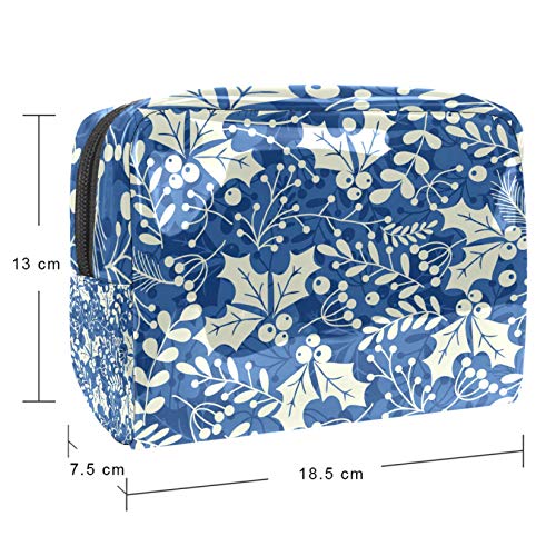 Bolsa de maquillaje portátil con cremallera bolsa de aseo de viaje para las mujeres práctico almacenamiento cosmético bolsa azul hojas acebo