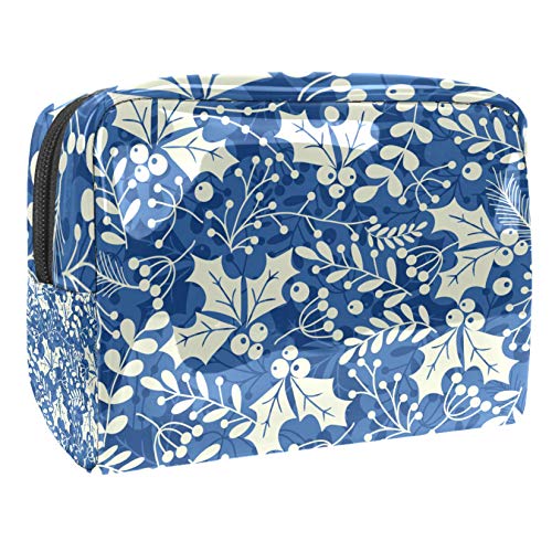 Bolsa de maquillaje portátil con cremallera bolsa de aseo de viaje para las mujeres práctico almacenamiento cosmético bolsa azul hojas acebo