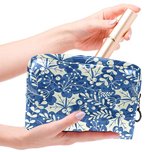 Bolsa de maquillaje portátil con cremallera bolsa de aseo de viaje para las mujeres práctico almacenamiento cosmético bolsa azul hojas acebo