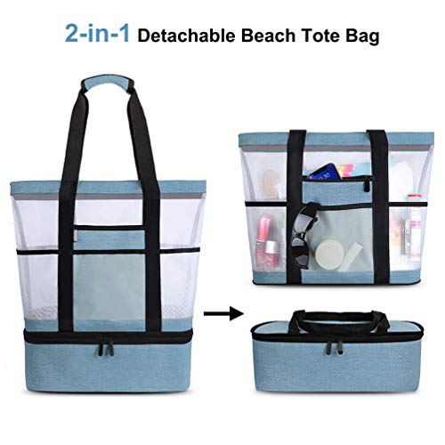 Bolsa de Playa Grande Bolsa de Malla de Playa Bolso de Mano Desmontable Bolso de Hombro con Bolsa Aislante Caja Enfriamiento Picnic Extraíble 2 in 1 para Playa Natación Camping Gimnasio