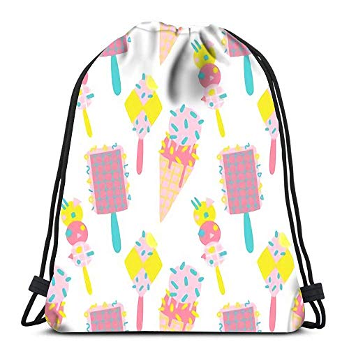 Bolsas con cordón Mochila Lindo Brillante Y Divertido Verano Rosa Amarillo Azul Diferentes Helados En Simple Niños Viajes Gimnasio Bolsas Mochila Bolsas de Hombro Fresco