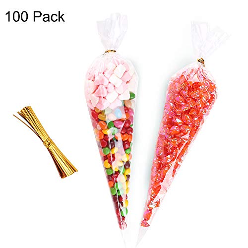 Bolsas de Cono Transparentes 100 piezas Bolsas de Celofán con lazos para dulces galletas regalos fiestas cumpleaños 19×38 cm