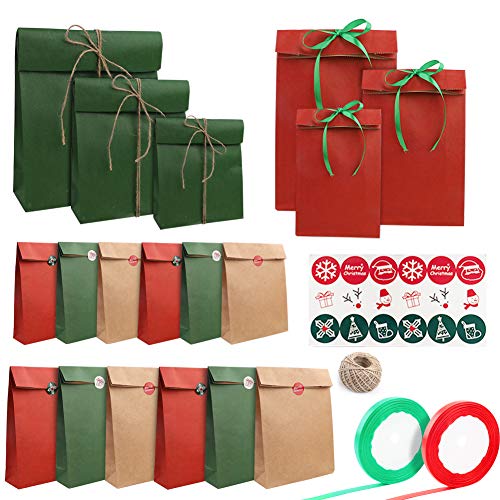 Bolsas de regalo de Navidad de 18 piezas Bolsas de Kraft, Bolsas de envoltura Bolsas de comestibles con pegatinas de regalo, cinta de raso, hilo de yute para Navidad, cumpleaños, boda, favor de fiesta