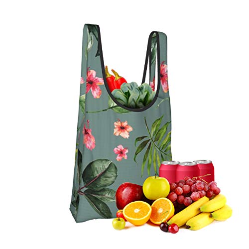 Bolsas plegables de comestibles reutilizables, tropicales hibiscus verde ceniza impermeable y ligera, de gran capacidad, ecológica, con asas para viajes, biblioteca y comestibles.