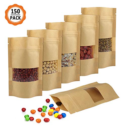 Bolsas Reutilizables, 150 Piezas Bolsa de Papel con Cremallera, Adecuada para Flores Secas de Caramelo, Cereales de Té, Bolsas de Papel con Ventana que Pueden Distinguir Fácilmente Los Artículos