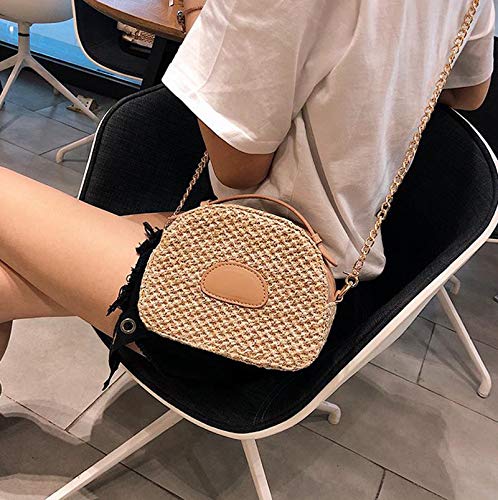 Bolso tejido de paja de las mujeres con correa de hombro de metal para viajes de playa y vacaciones de compras