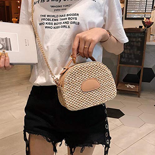 Bolso tejido de paja de las mujeres con correa de hombro de metal para viajes de playa y vacaciones de compras
