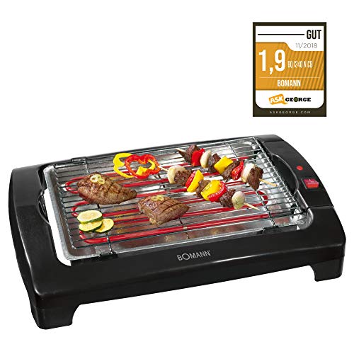 Bomann BQ 1240 CB Barbacoa eléctrica, parrilla cromada de 35.5 x 24.5 cm, 2000 W, Acero Inoxidable, Negro