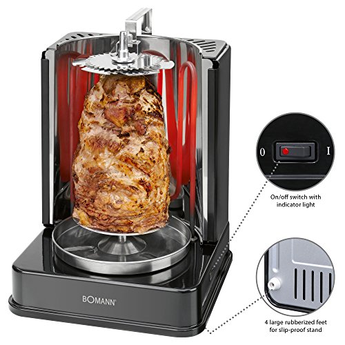 Bomann DVG 3006 CB 3 in1 Döner de/pollo y pinchos de Vertical de Multi parrilla, perfecta para Resultados al Colector Distribución Uniforme del calor, grasa de acero inoxidable, 1400 W, color negro