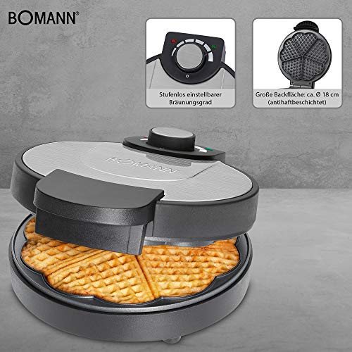 Bomann WA 1365 CB Gofrera con base en forma de corazón, 1000 W, Acero Inoxidable, Gris y negro