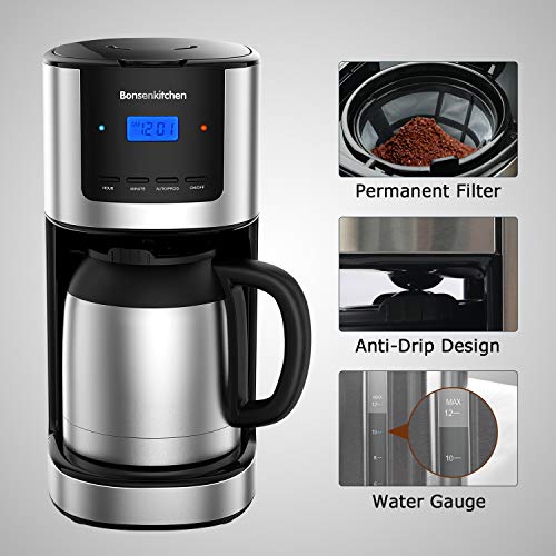 Bonsenkitchen Cafetera de Goteo con Jarra de Vacío de Acero Inoxidable, Cafetera de Filtro con Programable y Temporizador, Cafeteras Electricas de 10-12 Tazas (1,5L), Filtro Reutilizable, Pantalla LED