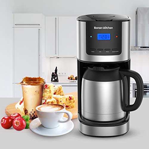 Bonsenkitchen Cafetera de Goteo con Jarra de Vacío de Acero Inoxidable, Cafetera de Filtro con Programable y Temporizador, Cafeteras Electricas de 10-12 Tazas (1,5L), Filtro Reutilizable, Pantalla LED