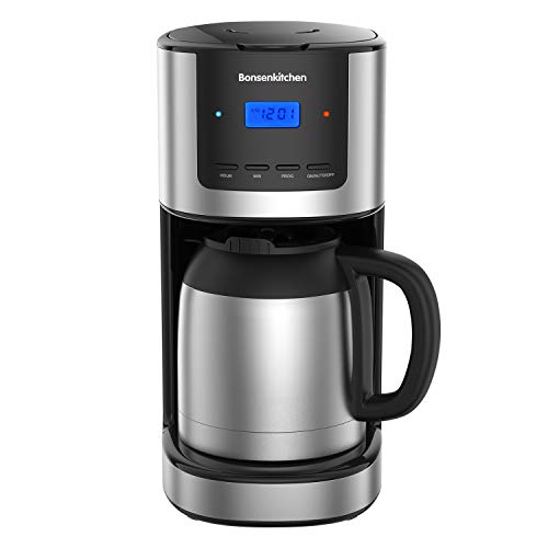 Bonsenkitchen Cafetera de Goteo con Jarra de Vacío de Acero Inoxidable, Cafetera de Filtro con Programable y Temporizador, Cafeteras Electricas de 10-12 Tazas (1,5L), Filtro Reutilizable, Pantalla LED