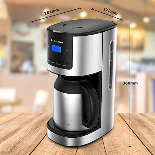 Bonsenkitchen Cafetera de Goteo con Jarra de Vacío de Acero Inoxidable, Cafetera de Filtro con Programable y Temporizador, Cafeteras Electricas de 10-12 Tazas (1,5L), Filtro Reutilizable, Pantalla LED