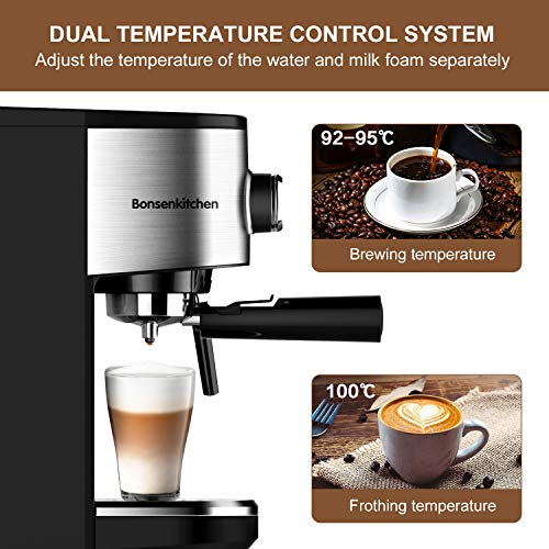 Bonsenkitchen Cafetera Espresso, Máquina de Café Espresso de Acero Inoxidable, Presión 15 Bares, 1450 W, Manual Cafetera Profesional para Espresso y Capuccino (CM8902, 1.25L)