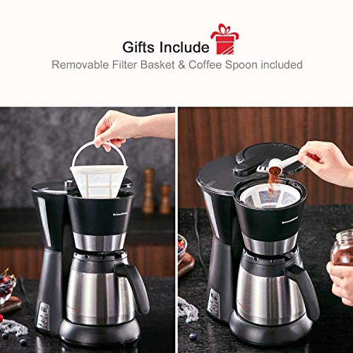 Bonsenkitchen Cafetera Goteo con Jarra de Vacío de Acero Inoxidable, 10 Tazas, 800w, Cafeteras Electricas con Indicador de Nivel de Agua, Cafetera de Filtro Negro (CM8761)