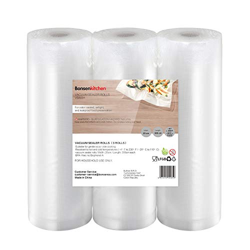 Bonsenkitchen Rollos al Vacio para Envasadora al Vacío, 3 Rollos 20 x 300cm Bolsas de Vacio Gofradas para Conservación de Alimentos y Sous Vide Cocina & Boilable - VB8001