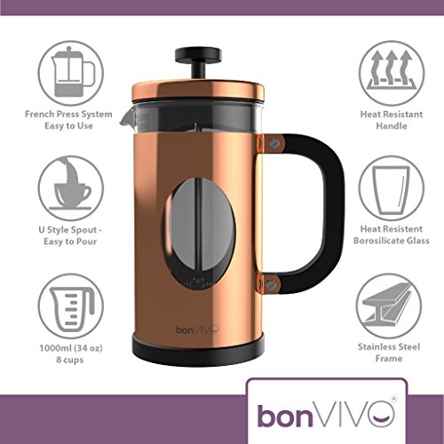 bonVIVO GAZETARO I Cafetera Francesa (French Press) y Prensa Francesa de Embolo Fabricada con Acero Inoxidable - Cafetera Filtro con Acabado en Cobre con Filtros, tamaño: 1 L / 1000ml