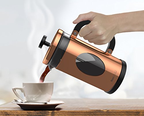 bonVIVO GAZETARO I Cafetera Francesa (French Press) y Prensa Francesa de Embolo Fabricada con Acero Inoxidable - Cafetera Filtro con Acabado en Cobre con Filtros, tamaño: 1 L / 1000ml