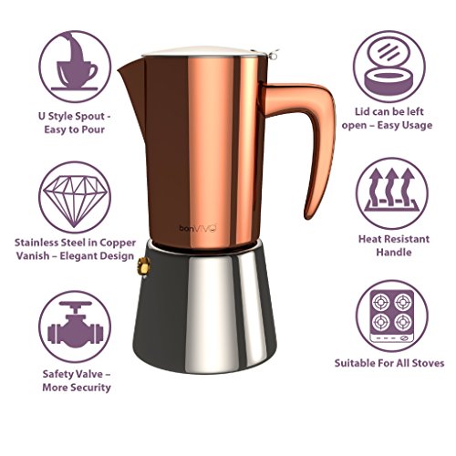 bonVIVO Intenca Cafetera Italiana Express De Inducción De Acero Inoxidable con Acabado Cobre, para Espresso con Mucho Cuerpo, Cafetera Moka Clásica, para 6 Tazas De Espresso