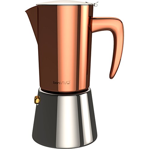 bonVIVO Intenca Cafetera Italiana Express De Inducción De Acero Inoxidable con Acabado Cobre, para Espresso con Mucho Cuerpo, Cafetera Moka Clásica, para 6 Tazas De Espresso