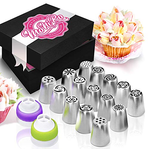 Boquillas pasteleras MoNiRo juego de acero inoxidable profesional - boquillas rusas grandes + manga pastelera de silicona y accesorios de repostería para decorar cupcakes y tartas - capullos de rosa