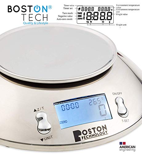 Boston Tech HK101 - Báscula de Cocina Digital con Bol Removible de Acero Inoxidable, Pantalla LCD, Temporizador y Sensor de Temperatura Capacidad 5kg(1g) / 11lbs(0,1oz)