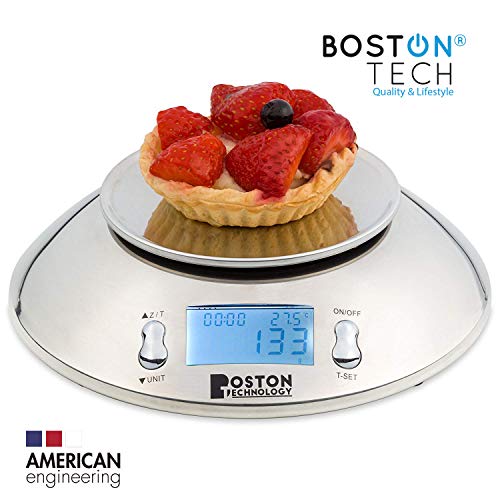 Boston Tech HK101 - Báscula de Cocina Digital con Bol Removible de Acero Inoxidable, Pantalla LCD, Temporizador y Sensor de Temperatura Capacidad 5kg(1g) / 11lbs(0,1oz)