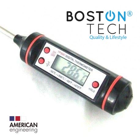 Boston Tech - Termómetro Digital de Horno con Pincho de Acero Inoxidable, de 5s con Botón de ° C / ° F, Pantalla LCD, BBQ, Comida, Pavo, Caramelo, Leche, 1 Pack, Negro