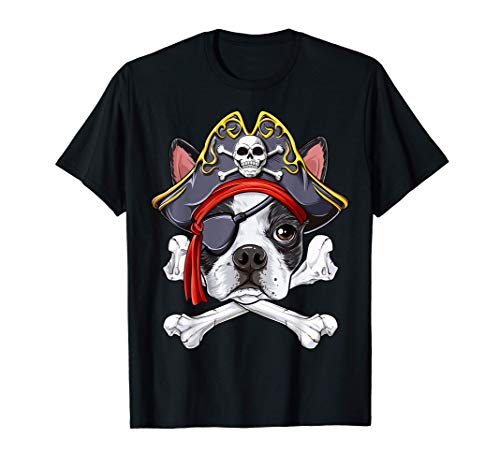 Boston Terrier Pirate Jolly Roger Flag Skull Crossbones Camiseta