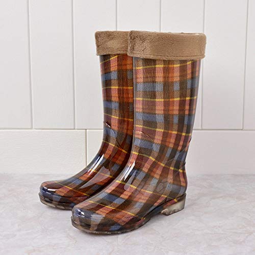 Botas De Lluvia Para Mujer,Otoño E Invierno Impermeable Antideslizante Slip En Botas De Lluvia Wellies Plaid Femenino Imprimir Rebabas Tubo Alta Lluvia Boot Señoras Zapatillas Para El Agua De Ll