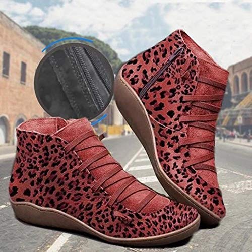 Botas Mujer Invierno Forradas Cálidas Botines Serraje Tacón Ancho Zapatos Nieve Cómodos Casual Negro Marrón Rojo Rosa EU 35-43 Botines de Tobillo con Cordones y Estampado de Leopardo Plano Nuevo