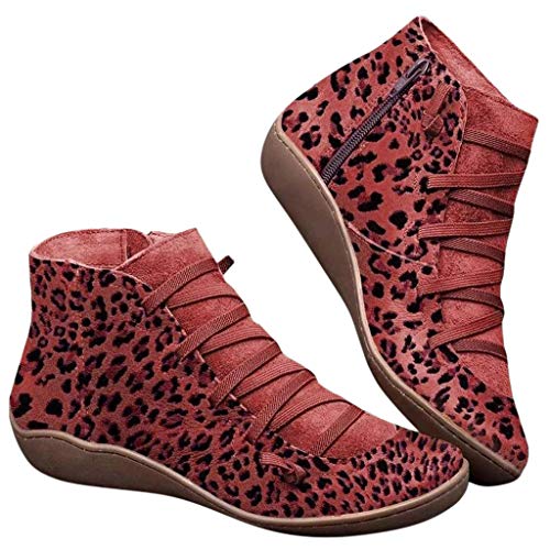 Botas Mujer Invierno Forradas Cálidas Botines Serraje Tacón Ancho Zapatos Nieve Cómodos Casual Negro Marrón Rojo Rosa EU 35-43 Botines de Tobillo con Cordones y Estampado de Leopardo Plano Nuevo