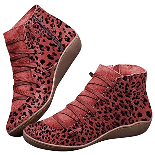 Botas Mujer Invierno Forradas Cálidas Botines Serraje Tacón Ancho Zapatos Nieve Cómodos Casual Negro Marrón Rojo Rosa EU 35-43 Botines de Tobillo con Cordones y Estampado de Leopardo Plano Nuevo