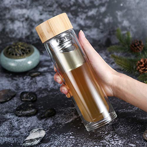 Botella de Agua de Cristal 450ML, Termo para té de Vidrio de Borosilicato, Doble Capa Botella, con infusor de Acero Tapa de Bambú y Funda de Neopreno Gris