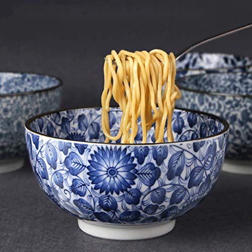 Bowl HTZ SYF Azul Blanco Porcelana Japonesa Vajilla Ternera Fideos Tazón Ensalada Ensalada Cuenco De Ramen Japonés Tazón De Sopa De 6 Pulgadas 15.6X8.3cm (Color : A)