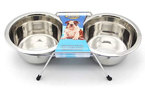 BPS 2X Comedero Bebedero Acero Inoxidable para Perro Gato Mascotas con Soporte Base Doble S/M/L para Elegir (S: 400ml) BPS-11017