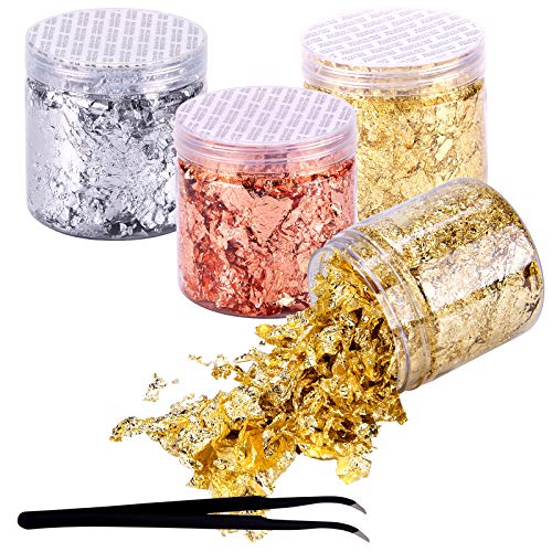 BQTQ 4 Cajas Copos de Oro Hojuelas de Pan de Oro Láminas Oro con 1 Pieza Pinza para Uñas Arte Manualidades Decoración