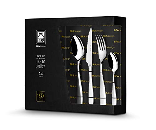 BRA Bari - Set de cubiertos de 24 piezas de acero inoxidable con cuchillo chuletero, acero inoxidable 18/10, diseño contemporaneo, acabado pulido brillante, espesor 3.5 mm (6 comensales)