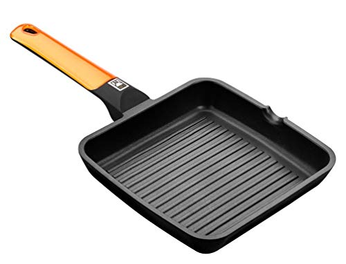 BRA Efficient Orange - Grill asador con Rayas, 28 cm, Aluminio Fundido con Antiadherente Platinum Plus, Apto para inducción, Efficient Orange