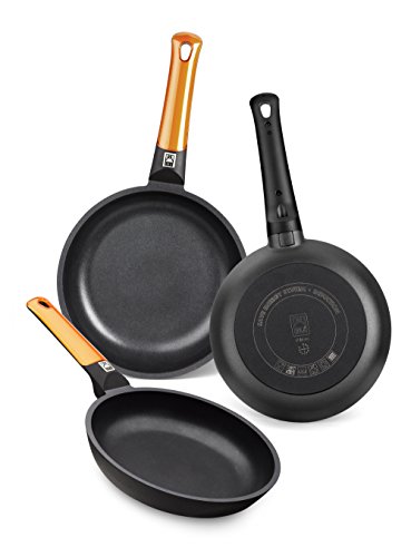 BRA Efficient Orange Set de 3 sartenes, Aluminio Fundido, aptas para Todo Tipo de cocinas, 20-24-28 cm