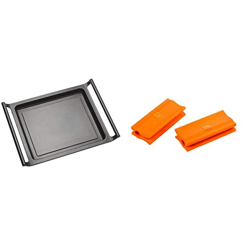 BRA Plancha Asar, Negro, 35 cm + Efficient Asas de Silicona, 2 Unidades, Medida Plancha asador Liso, para Efficient con diámetro de 35-45 cm, Color Naranja