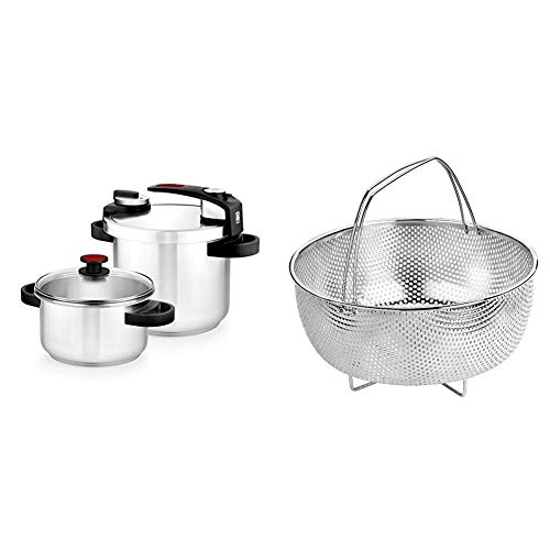 BRA Tekna - Set de ollas a presión rápida, 4 y 7 litros de fácil Uso, Acero Inoxidable 18/10, Incluye Tapa Cristal + Cestillo Multiusos de Acero Inoxidable para una Cocina al Vapor.