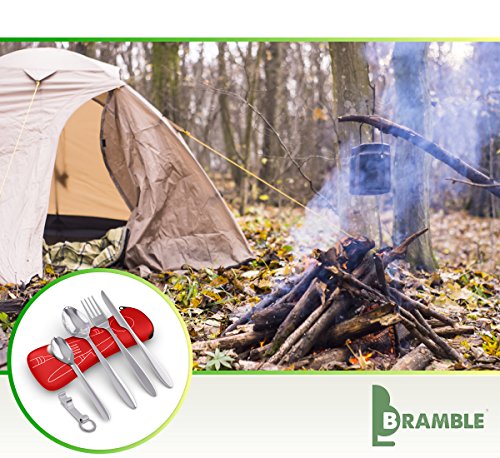 BRAMBLE! 5 Premium Acero Inoxidable Set de Cubiertos Portátiles para Llevar, Viajes, Trabajo, Acampada/Camping, Picnic - Cuchara Tenedor Cucharita Cuchillo Abridor de Botellas| Estuche de Neopreno