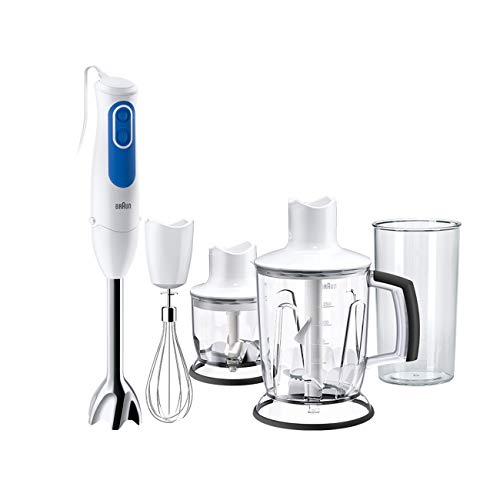 Braun Minipimer 3045 Batidora de mano, pié metálico, 2 velocidades, campana antisalpicaduras, 2 accesorios, minipicadora 350 ml, 700 W, 600 milliliters, Metal, blanco y azul