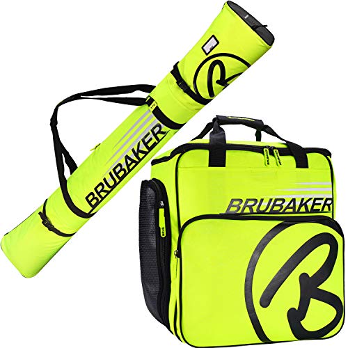 BRUBAKER Combi Set Carver Champion - Bolsa de esquí y Bolsa para 1 par de esquís + Bastones + Botas + Casco - Amarillo neón/Negro - 190 cm