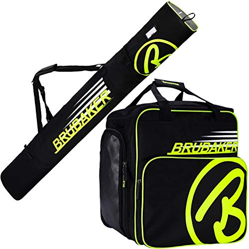 BRUBAKER Combi Set Carver Champion - Funda de esquí y Funda de Bota de esquí para 1 par de esquís + Bastones + Botas + Casco - Negro/Amarillo neón - 190 cm