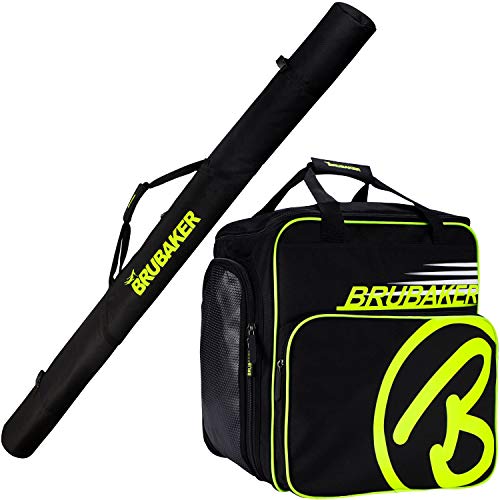 BRUBAKER Combi Set XP Touring Champion - Funda de esquí de Fondo y Funda de Bota de esquí para 1 par de esquís + Bastones + Botas + Casco - Negro/Amarillo neón - 210 cm