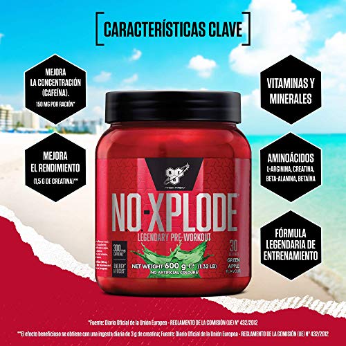 BSN Nutrition N.O.-Xplode, Suplementos Deportivos Pre Workout en Polvo con Creatina Monohidrato, Cafeina, Beta Alanina, Vitamina D y Vitamina B Complex, Menzana Verde, 50 Porciones, 1.05kg