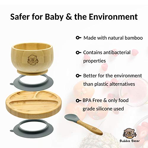 Bubba Bear ® Juego de ventosas, platos y cucharas para bebés pequeños | Guía gratuita de Bubba Bear para el destete eBook | Stay Put Bowl y plato de alimentación | Hecho con bambú natural